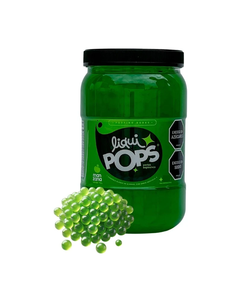 Tarro LiquiPops Manzana Verde 1150g — perlas explosivas en almíbar, fondo blanco
